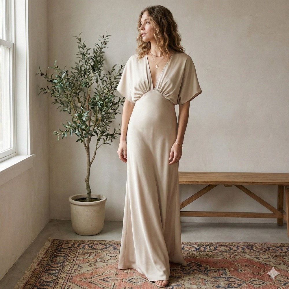 Anthropologie BHLDN Leila Deep-V Flutter-Sleeve Dress Womens 0 Champagne Wedding